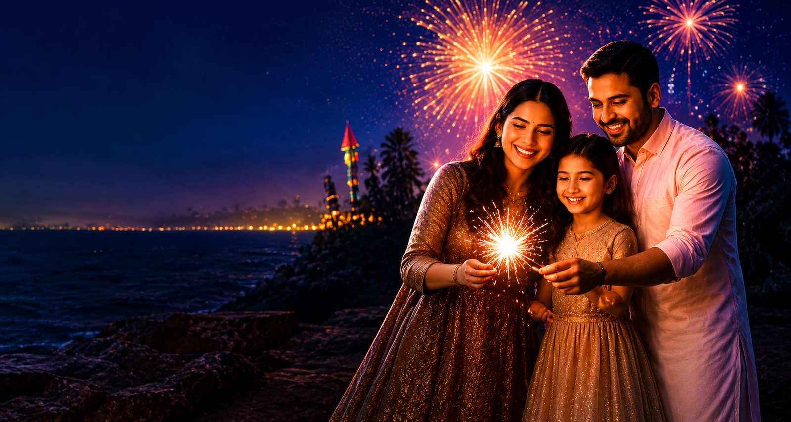 Family celebrating Diwali with sparklers
