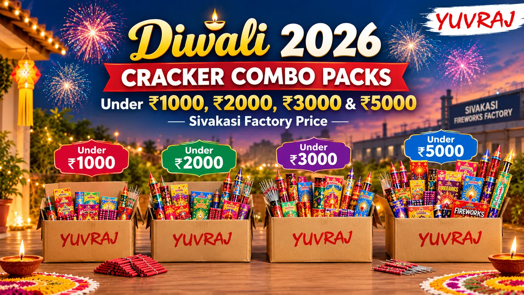 Yuvraj Pyro Mart Diwali 2026 cracker combo packs under ₹1000, ₹2000, ₹3000 and ₹5000 at Sivakasi factory prices